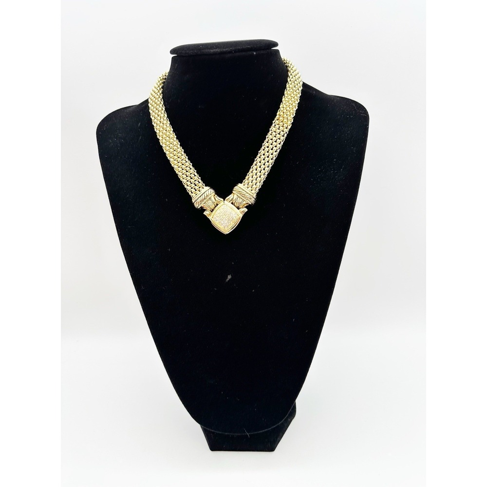 Necklace Choker Rhinestone Front Lock Gold Tone Mesh Chain Magnetic Clasp - Picture 2 of 8